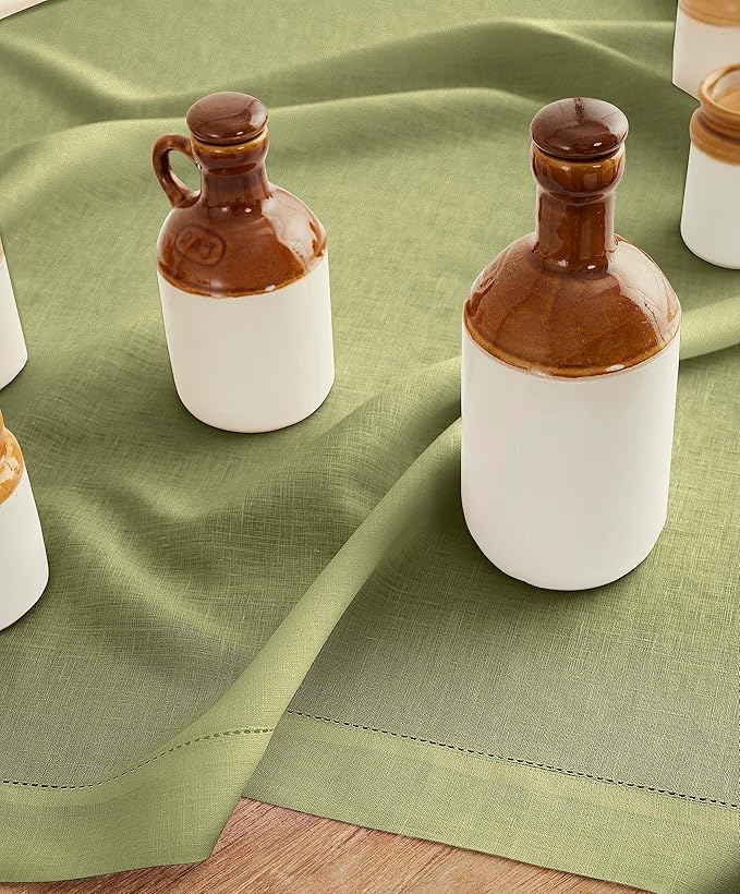 Solino Home Square Linen Tablecloth 52 x 52 Inch - 100% Pure Linen Moss Green Table Throw - Classic Hemstitch, Machine Washable Table Cloth for Winter