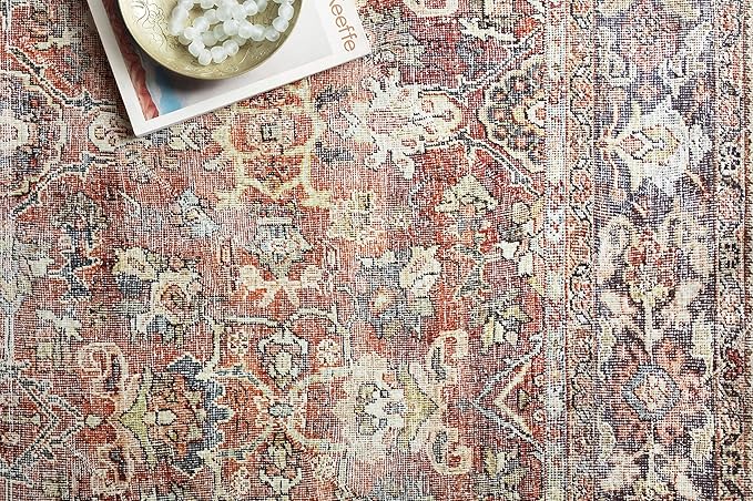 Loloi Layla Collection LAY-02 Spice/Marine 2'-6" x 7'-6" .13" Thick Runner Rug, Soft, Durable, Vintage Inspired, Distressed, Low Pile, Non-Shedding, Easy Clean, Printed, Living Room Rug