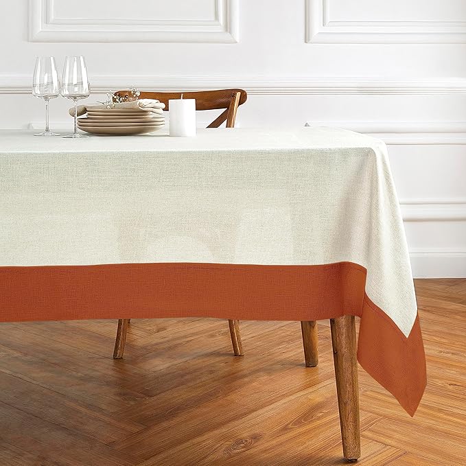 Solino Home Linen Tablecloth 60 x 90 Inch - 100% Pure Linen Cinnamon and Natural Rectangular Tablecloth - Machine Washable Table Cloth - Contempo