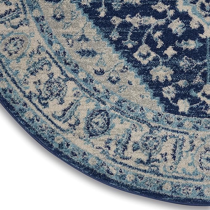 Nourison Home Tranquil Ivory/Navy 5'3" x Area Rug, Distressed, Bed, Living, Dining Room, Kitchen, Easy Cleaning, Non Shedding, (5' Round)