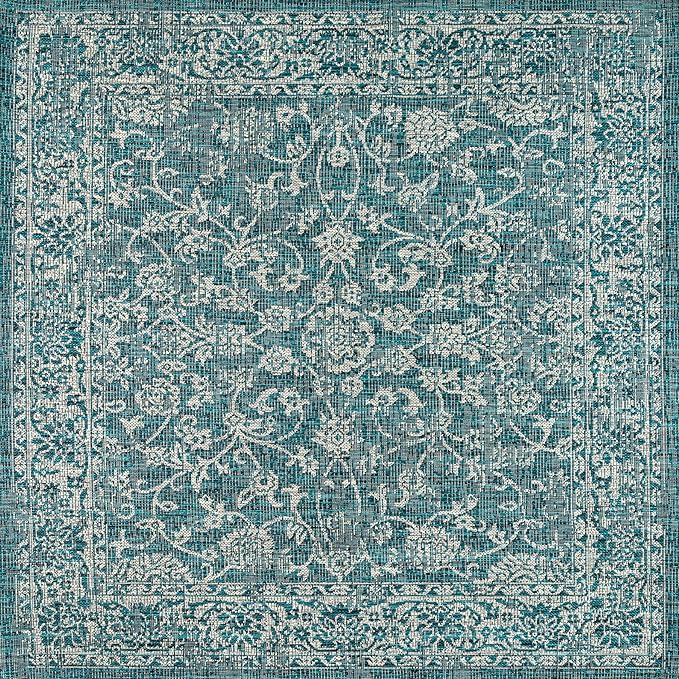 JONATHAN Y Weave Floral Indoor Outdoor Square Area Rug 5X5 Teal/Gray, Tela Bohemian Textured for Backyard, Patio, Porch, Easy-Cleaning, High Traffic, Pet-Friendly, Non-Shedding (SMB100C-5SQ)