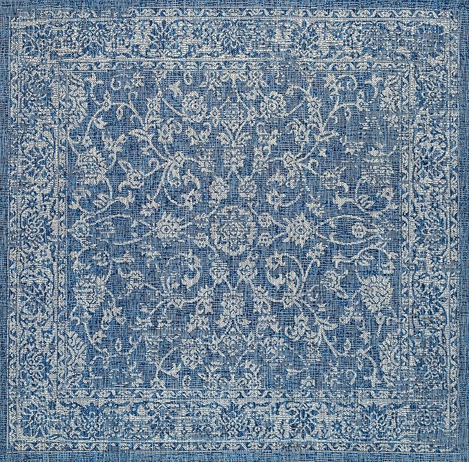 JONATHAN Y Weave Floral Indoor Outdoor Square Area Rug 3X3 Navy/Gray, Tela Bohemian Textured for Backyard, Patio, Porch, Easy-Cleaning, High Traffic, Pet-Friendly, Non-Shedding (SMB100B-3SQ)