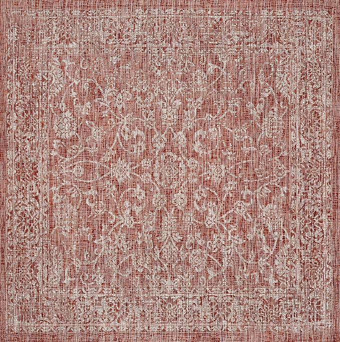 JONATHAN Y Weave Floral Indoor Outdoor Square Area Rug 6X6 Red/Taupe, Tela Bohemian Textured for Backyard, Patio, Porch, Easy-Cleaning, High Traffic, Pet-Friendly, Non-Shedding (SMB100A-6SQ)