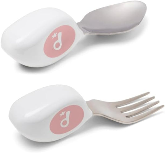 doddl Toddler Utensils, Ergonomic Fork and Spoon Set for Self Feeding, Stainless Steel Silverware for 1-3 Year Olds, BPA Free, Dishwasher Safe (Dusky Rose)