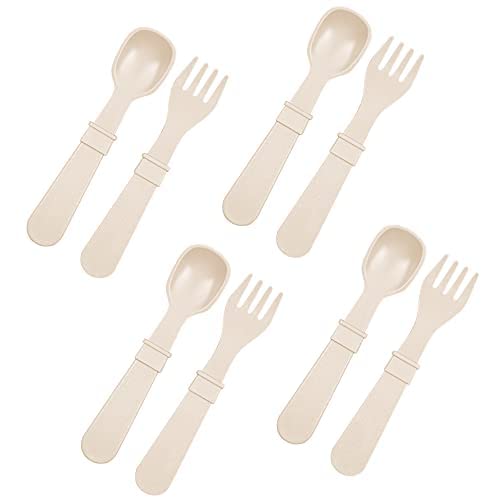 Re-Play Toddler Forks and Spoons Set - 4x4 Utensils Set for Kids - Dishwasher and Microwave Safe - Made in USA - Pack of 8 - Sand Beige