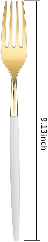 I00000 144 Plastic Forks, Disposable Flatware with White Handle, Look Like Gold Cutlery for Party Wedding