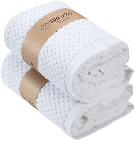 Sand Cloud Turkish Bath Towels for Bathroom, Set of 2 (Atom White, Extra Large) - Soft Linen Turkish Organic Cotton Yarn is Luxurious & Absorbent - Premium Shower & Bathroom Towels Dry Faster