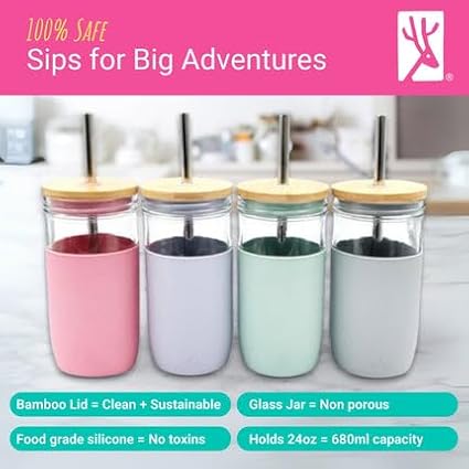 Elk and Friends 24oz Glass Mason Jar – Pack of 4 | Bamboo Straw Lids + Stainless Steel Straws | Smoothie + Iced Coffee + Bubble Tea Cups | Glass Cups with Lids and Straws | Dishwasher Safe
