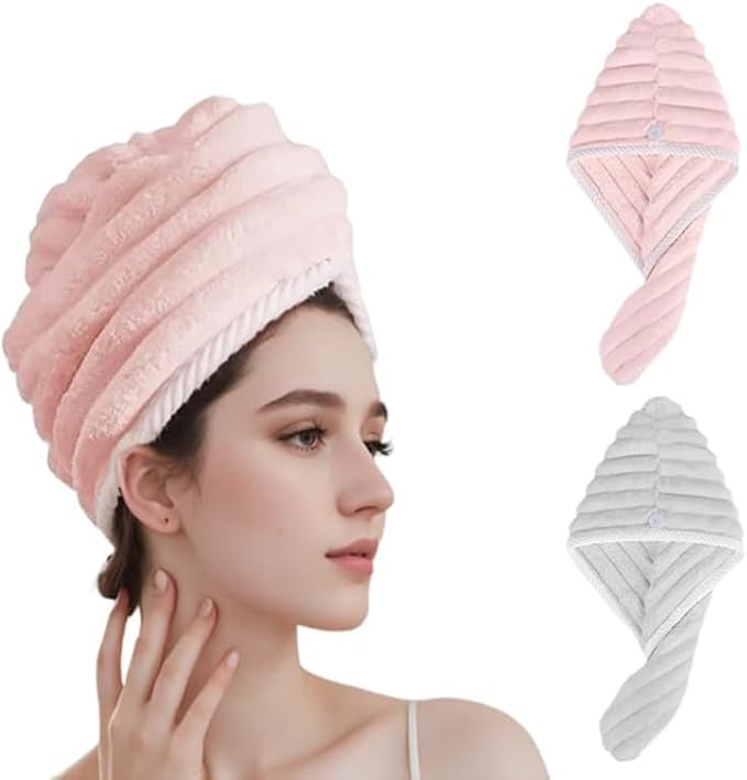 Microfiber Hair Towel Wrap, 2Pack Thickened Drying Hair Wraps Towels with Button. Super Absorbent Drying Hair Towel Wrap for Curly Hair, Anti Frizz Towel for Women. (Pink+ Gray)