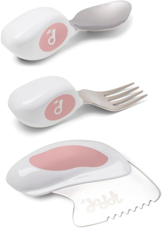 doddl Toddler Utensils, Ergonomic Fork Spoon and Knife Set for Self Feeding, Stainless Steel Silverware for 1-3 Year Olds, BPA Free, Dishwasher Safe (Dusky Rose)
