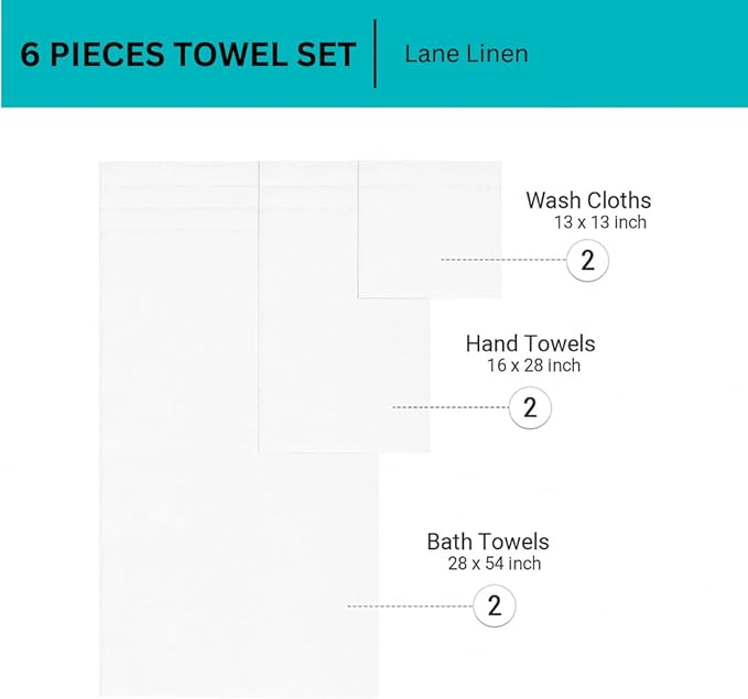 6-Piece 600 GSM Turkish Cotton Towel Set – Luxury Soft & Absorbent Bath Towels, Hand Towels & Washcloths – Premium Bathroom Essentials for Home, Guest Bath & Apartments