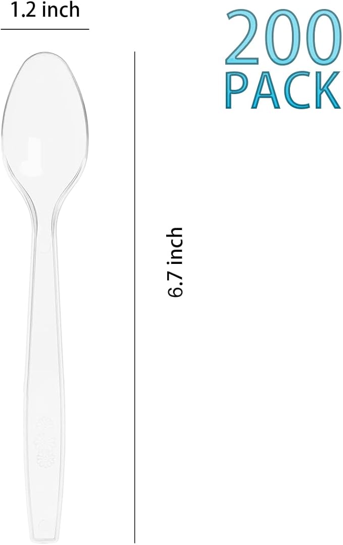 200 Count Clear Plastic Spoons, Heavy Weight Disposable Spoons Cutlery Plastic Utensils, Clear PlasticSilverware Bulk
