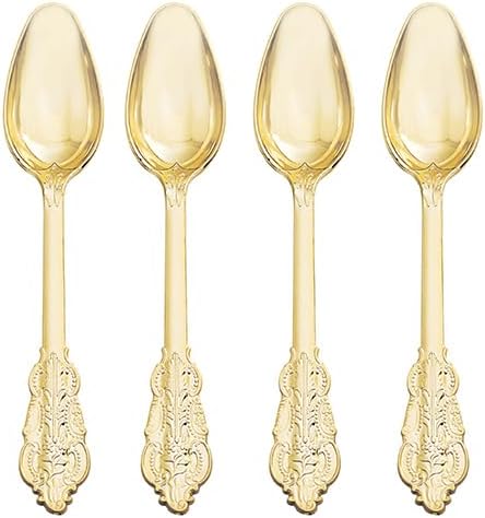 WDF 100 Piece Gold Plastic Spoons Disposable - 6.93 Inch Baroque Gold Spoons Plastic Silverware for Dessert Cake - Heavy Duty for Thanksgiving Party, Wedding or Daily Using