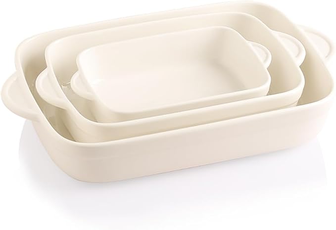 Sweejar Casserole Dishes for Oven, Ceramic Bakeware Set of 3, Lasagna Pan Deep with Handle, Rectangular Baking Pan Set, 9x13 Baking Dish for Cooking, Banquet and Daily Use (Beige)