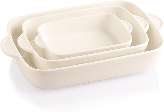 Sweejar Casserole Dishes for Oven, Ceramic Bakeware Set of 3, Lasagna Pan Deep with Handle, Rectangular Baking Pan Set, 9x13 Baking Dish for Cooking, Banquet and Daily Use (Beige)