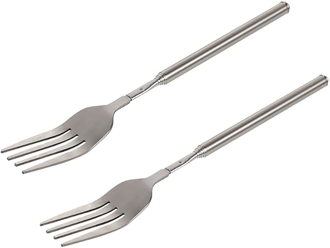 Extendable Fork - 8.7 to 25.4 Inch Long, Telescopic & Retractable for BBQ, Dinner, Fruit & Dessert - Sturdy Stainless Steel (2 Pcs)