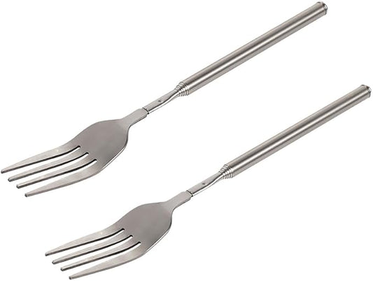 Extendable Fork - 8.7 to 25.4 Inch Long, Telescopic & Retractable for BBQ, Dinner, Fruit & Dessert - Sturdy Stainless Steel (2 Pcs)
