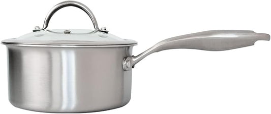 Stainless Steel Small Brushed Saucepan With Lid, Induction Cooking Sauce Pot Pans, 18/10Tri-Ply Heavy Bottom Saucier Cookware, Dishwasher Safe & Oven Safe (2.5QT)