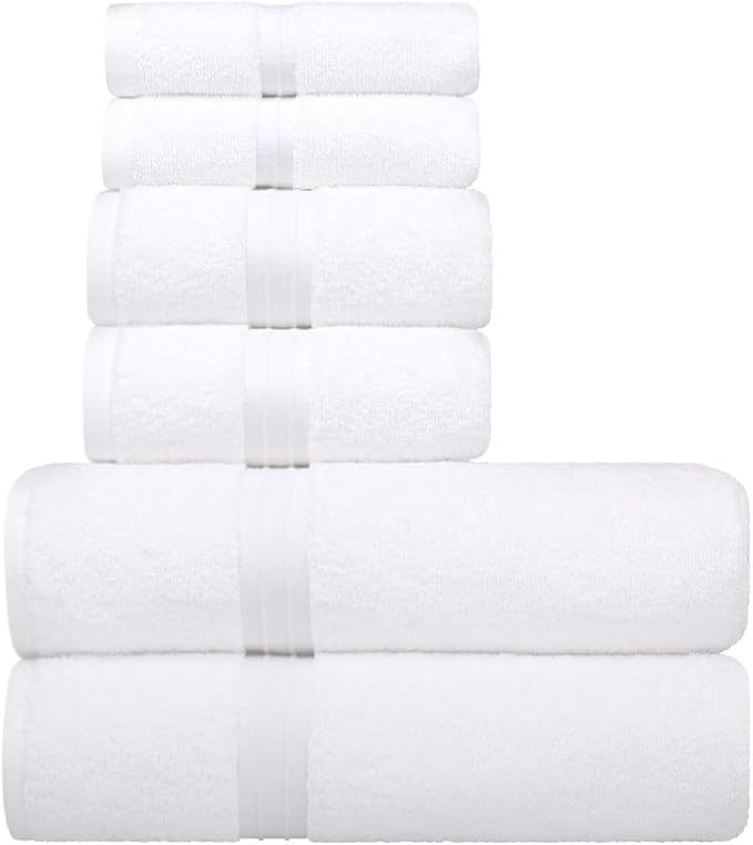 6 Piece Bathroom Towel Set - Luxury & Soft - 100% Cotton, Hotel Quality, Absorbent, Includes 2 Bath Towels (28" x 56"), 2 Hand Towels (16"x28") and 2 Wash Cloths (12"x12") - White
