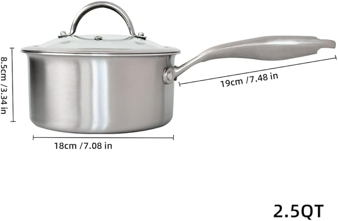 Stainless Steel Small Brushed Saucepan With Lid, Induction Cooking Sauce Pot Pans, 18/10Tri-Ply Heavy Bottom Saucier Cookware, Dishwasher Safe & Oven Safe (2.5QT)