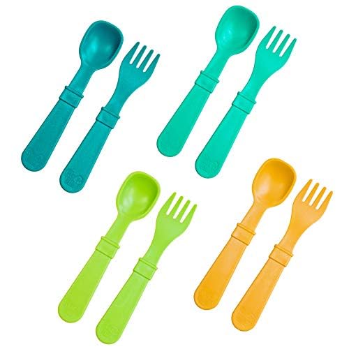 Re-Play Toddler Forks and Spoons Set - 4x4 Utensils Set for Kids - Dishwasher and Microwave Safe - Made in USA - Set of 8-5.8" x 1.2" x 0.2" - Aqua Asst