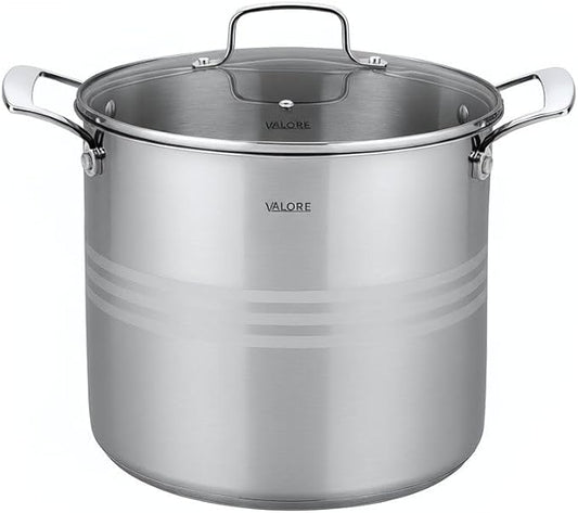 Valore 16 qt Stainless Steel Stock Pot with Lid & Canning Rack - 5-ply Soup Pot with Brushed Stainless Finish & Riveted Handles