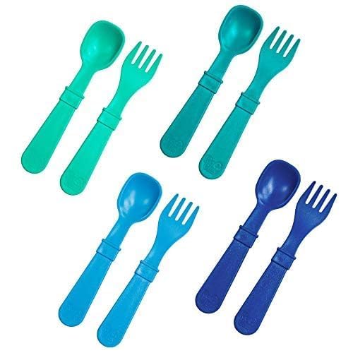Re-Play Toddler Forks and Spoons Set - 4x4 Utensils Set for Kids - Dishwasher and Microwave Safe - Made in USA - Set of 8-5.8" x 1.2" x 0.2" - A True Blue