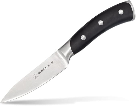 DURA LIVING 3.5-Inch Paring Knife – Ultra-Sharp German High Carbon Stainless Steel, Full Tang, Ergonomic Handle, Multipurpose Kitchen Knife for Chopping, Slicing, and Dicing, Black