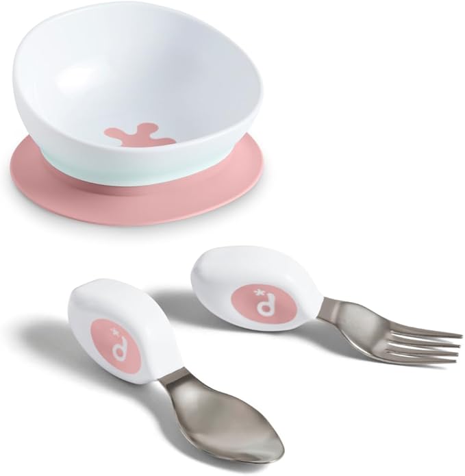 doddl Toddler Utensils, Ergonomic Fork and Spoon Set for Self Feeding, Stainless Steel Silverware for 1-3 Year Olds, BPA Free, Dishwasher Safe (Dusky Rose + Bowl)