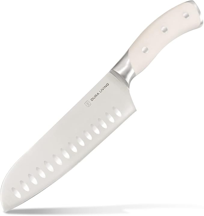 DURA LIVING 7-Inch Santoku Knife – Ultra-Sharp German High Carbon Stainless Steel, Full Tang, Ergonomic Handle, Multipurpose Kitchen Knife for Chopping, Slicing, and Dicing, Cream