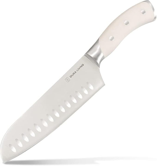 DURA LIVING 7-Inch Santoku Knife – Ultra-Sharp German High Carbon Stainless Steel, Full Tang, Ergonomic Handle, Multipurpose Kitchen Knife for Chopping, Slicing, and Dicing, Cream