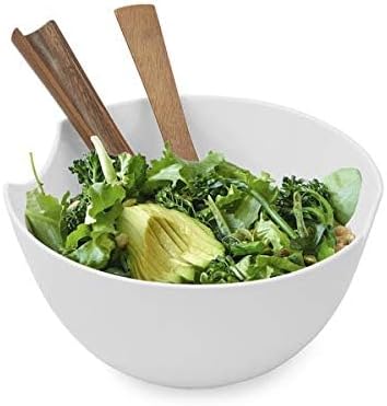 Nambé Quatro Salad Bowl with Servers - Bone China & Acacia Wood Serving Set, Elegant White Salad Serving Bowl for Salads, Pasta & Gatherings, 11” x 5.5”, Modern Tableware & Entertaining Serveware