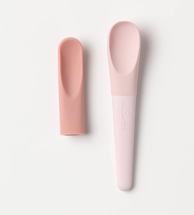 Miniware Pre2Pro Silicone Spoon for Baby Toddler Kids | 2in1 Spoon Grows from Baby Food to Self Feeding | 100% Food Grade Silicone | BPA Free | Modern & Durable | Dishwasher Safe (Pink Antioxidant)