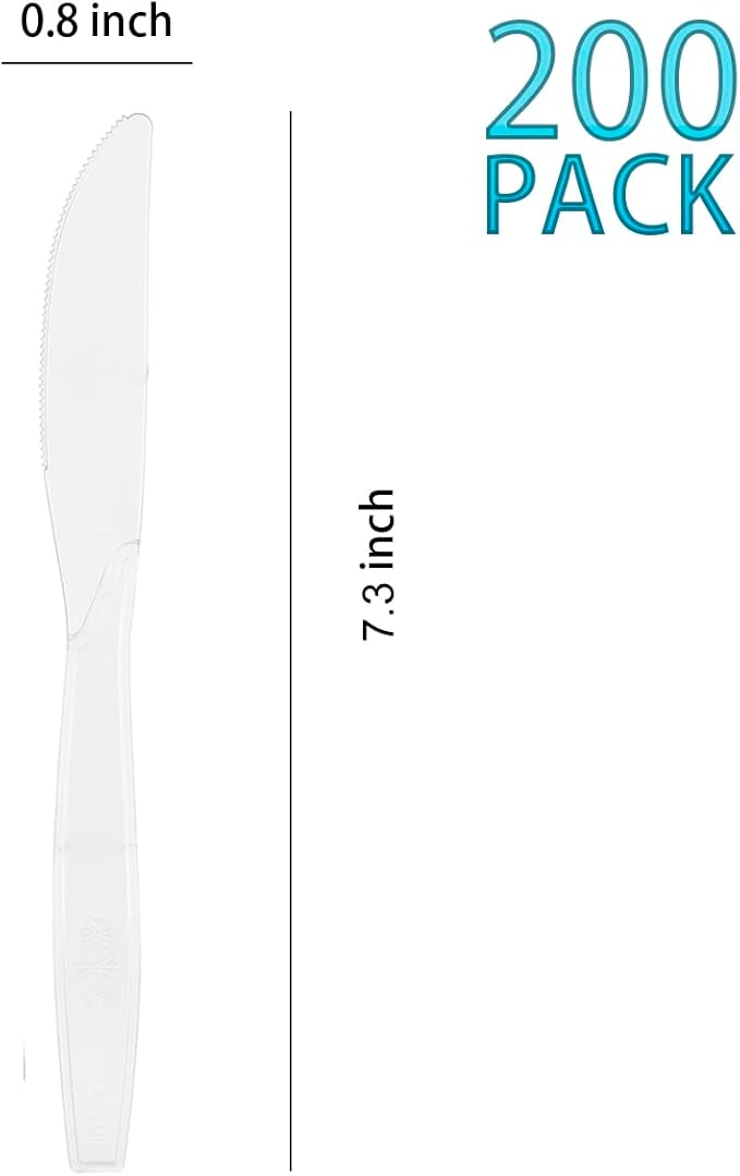 200 Count Clear Plastic Knives, Heavy Weight Disposable Spoons Cutlery Plastic Utensils, Clear PlasticSilverware Bulk
