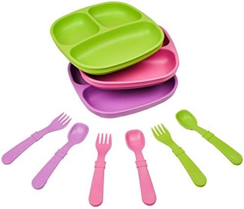 Re-play 3x3 Divided Toddler Plates and Utensils Set - Toddler Forks and Spoons Set - Dishwasher and Microwave Safe - Made in USA - Butterfly