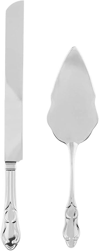 Ella Celebration Cake Knife & Server Set, Silver Wedding Cake Cutting Set, Anniversary Cake Cutter, Vintage Party Supplies (Silver Engravable)