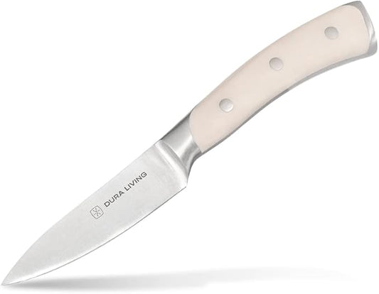 DURA LIVING 3.5-Inch Paring Knife – Ultra-Sharp German High Carbon Stainless Steel, Full Tang, Ergonomic Handle, Multipurpose Kitchen Knife for Chopping, Slicing, and Dicing, Cream