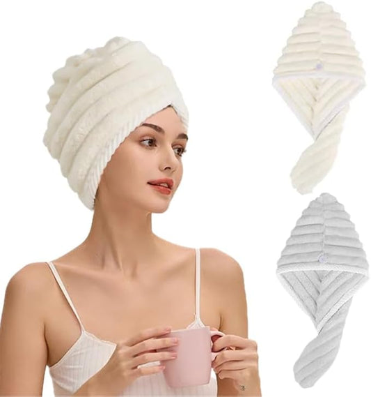 Microfiber Hair Towel Wrap, 2Pack Thickened Drying Hair Wraps Towels with Button. Super Absorbent Drying Hair Towel Wrap for Curly Hair, Anti Frizz Towel for Women. (Off White+Gray)