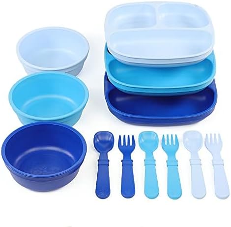 Re-Play 3 Divided Toddler Plates, 3 Utensils Set and 3 Wide Base Bowls - Dishwasher and Microwave Safe - Made in USA - Bluesy
