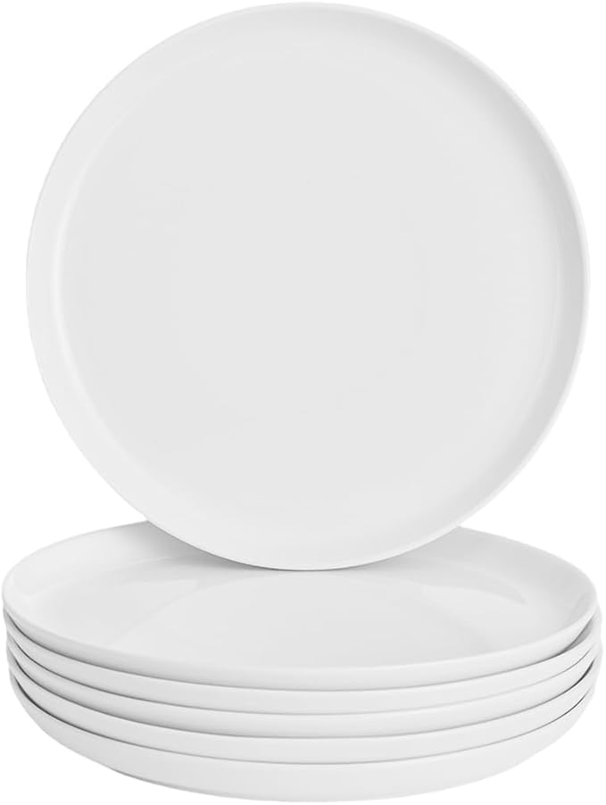White Dinner Plates Set of 6, Porcelain Salad Plates 9 Inch, Modern Kitchen Plate, Round Serving Dishes, Microwave and Dishwasher Safe, Scratch Resistant, Smooth Glaze