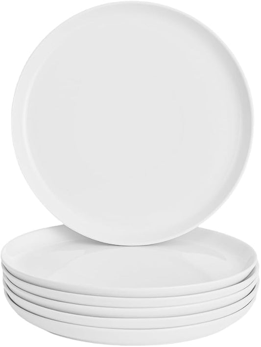White Dinner Plates Set of 6, Porcelain Salad Plates 9 Inch, Modern Kitchen Plate, Round Serving Dishes, Microwave and Dishwasher Safe, Scratch Resistant, Smooth Glaze