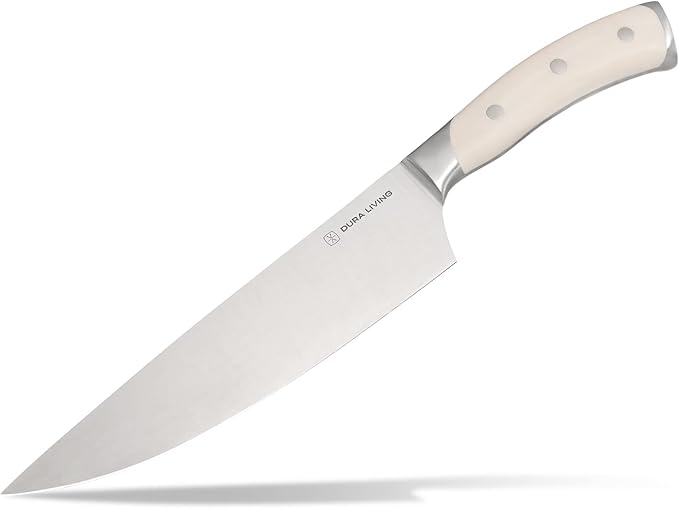 DURA LIVING 8-Inch Chef Knife – Ultra-Sharp German High Carbon Stainless Steel, Full Tang, Ergonomic Handle, Multipurpose Kitchen Knife for Chopping, Slicing, and Dicing, Cream