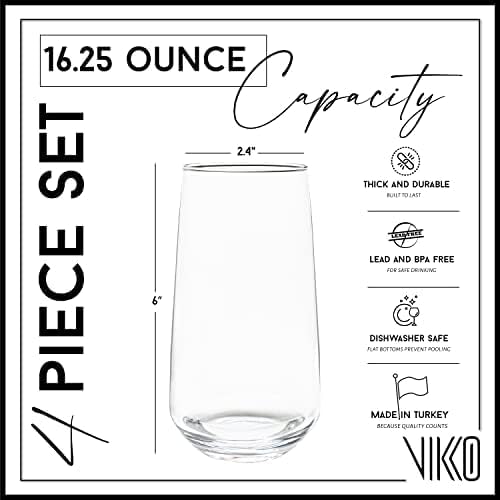 Vikko Drinking Glasses, Glass Cups, Set of 4 Highball Water Glasses 16.25 Ounce, Premium Tall Drinking Glass, Dishwasher Safe DrinkingWare