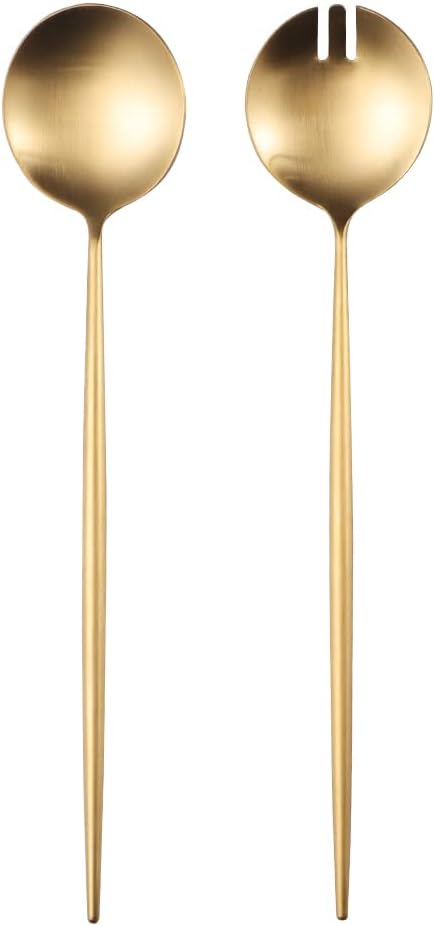 8-Piece Gold Salad Serving Set - 11.4 inch Stainless Steel Spoon & Fork with 6 Salad Forks, Titanium Plating, Dishwasher Safe for Entertaining, Parties