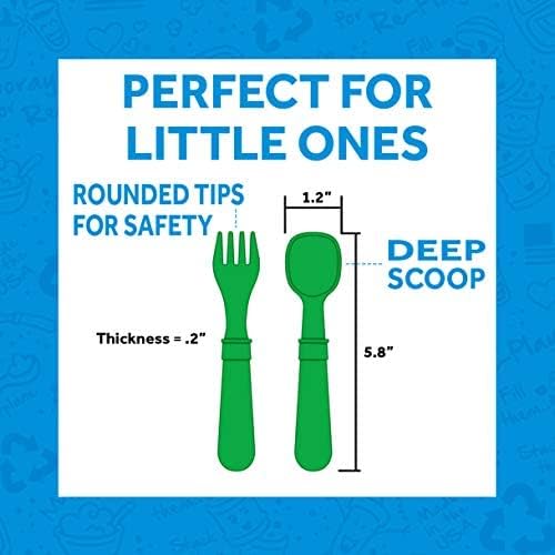 Re-Play 3 Divided Toddler Plates, 3 Utensils Set and 3 Wide Base Bowls - Dishwasher and Microwave Safe - Made in USA - Aqua Asst