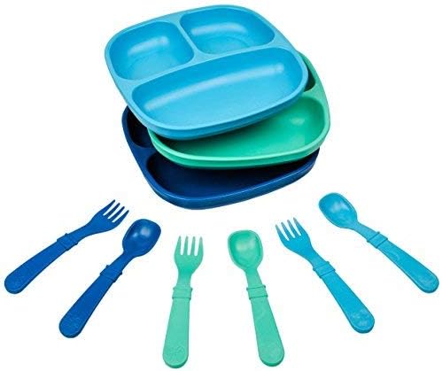 Re-Play 3x3 Divided Toddler Plates and Utensils Set - Toddler Forks and Spoons Set - Dishwasher and Microwave Safe - Made in USA - True Blue