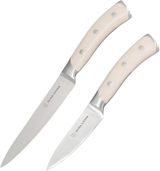 DURA LIVING 2-Piece Kitchen Knife Set – Ultra Sharp Precision German Stainless Steel Blades, 5” Utility & 3.5” Paring Knife with Ergonomic Handles, Multipurpose for Slicing & Peeling, Cream Handle