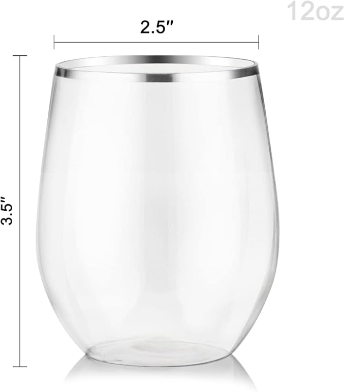 SUT 24 Disposable Stemless Wine Glasses, 12OZ Plastic Party Wine Cups, Silver Unbreakable wine Glasses, Shatterproof Reusable and BPA-Free, Clear Drinking Perfect for Outdoor Party, Wedding