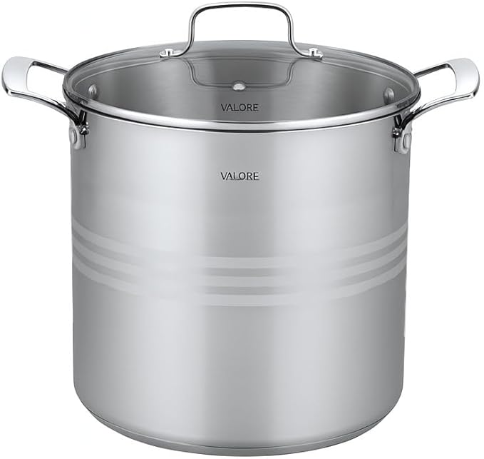 Valore 24 qt Stainless Steel Stock Pot with Lid & Canning Rack - 5-ply Soup Pot with Brushed Stainless Finish & Riveted Handles
