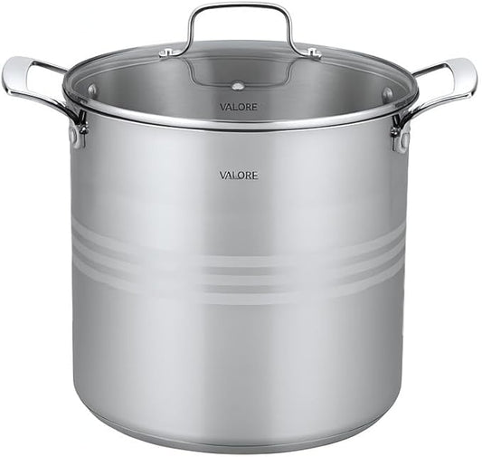 Valore 24 qt Stainless Steel Stock Pot with Lid & Canning Rack - 5-ply Soup Pot with Brushed Stainless Finish & Riveted Handles